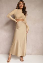 Beżowa Satynowa Spódnica Maxi High Waist Formia. Brązowe spódnice damskie Renee, l, bez wzorów, z satyny, maxi. Za 99.99 zł.