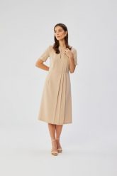 Beżowa Midi Sukienka z Ozdobnymi Zakładkami. Brązowe sukienki damskie MOE, bez wzorów, z elastanu, bez ramiączek. Za 326.90 zł.
