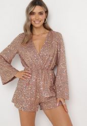 Różowy Cekinowy Kombinezon z Kopertowym Dekoltem i Gumką w Pasie Akonsa. Czerwone sukienki damskie Born2be, bez wzorów, bez ramiączek. Za 99.99 zł.