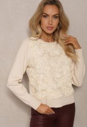 Jasnobeżowy Sweter z Wiskozą Ozdobiony Aplikacjami z Siateczki Harilia. Brązowe swetry klasyczne damskie Renee, z jeansu, bez kołnierzyka. Za 129.99 zł.