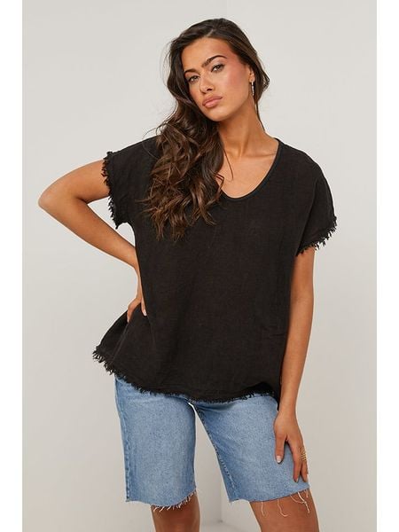 Le Monde du Lin Lniana bluzka w kolorze czarnym rozmiar: 40/42. Czarne bluzki damskie Le Monde du Lin, bez wzorów, ze lnu, klasyczne, bez kołnierzyka, bez ramiączek. Za 171.68 zł.