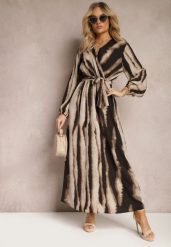 Brązowo-Czarna Rozkloszowana Sukienka Maxi z Kopertowym Dekoltem i Materiałowym Paskiem Efengia. Brązowe sukienki damskie Renee, bez wzorów, z materiału, eleganckie, bez ramiączek. W wyprzedaży za 91.99 zł.