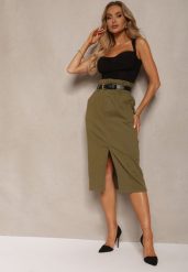 Zielona Bawełniana Spódnica High Waist z Rozcięciem Paskiem i Gumką w Talii Crisbella. Zielone spódnice damskie Renee, na co dzień, l, bez wzorów, z bawełny, eleganckie, midi. Za 79.99 zł.