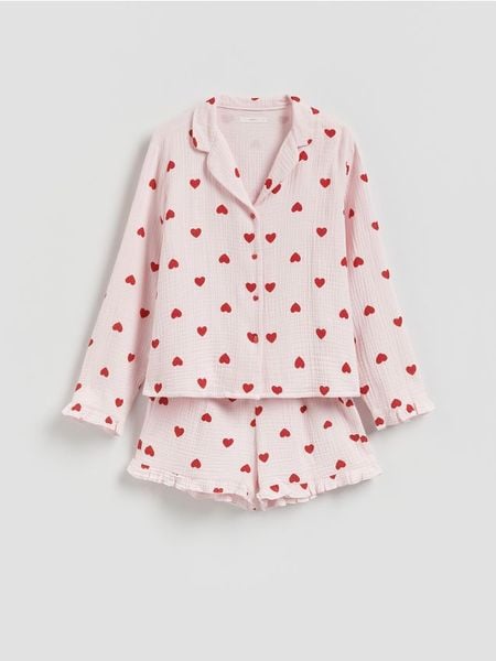 Muślinowa piżama w serca - różowy. Czerwone piżamy damskie Reserved, bez wzorów, z bawełny, bez ramiączek. Za 149.99 zł.