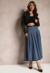 Granatowa Rozkloszowana Spódnica Jeansowa z Paskiem z Klamrą Varnie. Niebieskie spódnice damskie Renee, na uczelnię, m, bez wzorów, z jeansu, maxi. Za 129.99 zł.
