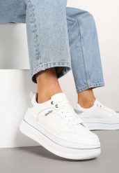 Białe Sneakersy na Grubej Podeszwie Zdobione Brokatem Kariven. Białe obuwie sportowe damskie Born2be, z jeansu, bez zapięcia. Za 89.99 zł.