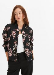 Kurtka bomberka. Czarne kurtki damskie bonprix, bez wzorów, prążkowane, bez kaptura. Za 149.99 zł.