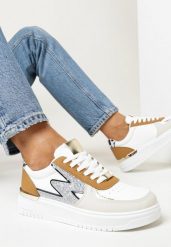 Biało-Brązowe Sznurowane Sneakersy na Płaskiej Podeszwie z Metaliczną i Brokatową Wstawką Mebassa. Brązowe obuwie sportowe damskie Born2be, przed kostkę, bez zapięcia. Za 89.99 zł.