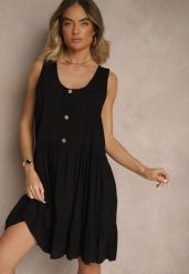 Czarna Rozkloszowana Sukienka z Bawełny Zdobiona Guzikami Iffanise. Czarne sukienki damskie Renee, z aplikacjami, z bawełny, eleganckie, bez ramiączek. W wyprzedaży za 29.99 zł.
