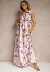 Fioletowa Sukienka z Satyny w Kwiatowy Wzór Fenimea. Fioletowe sukienki damskie Renee, bez wzorów, z satyny, eleganckie, bez ramiączek. Za 169.99 zł.