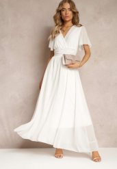 Biała Rozkloszowana Sukienka z Kopertowym Dekoltem Obillis. Białe sukienki damskie Renee, bez wzorów, z jeansu, eleganckie, bez ramiączek. W wyprzedaży za 119.99 zł.