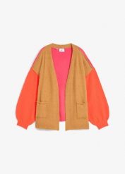 Sweter bez zapięcia oversize color-blocking. Brązowe swetry klasyczne damskie bonprix, bez kołnierzyka. Za 107.99 zł.
