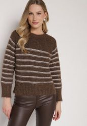 Brązowy Sweter z Domieszką Wełny w Paski Lidavia. Brązowe swetry klasyczne damskie Born2be, z jeansu, bez kołnierzyka. Za 119.99 zł.
