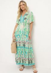 Zielona Wiskozowa Sukienka Boho Zapinana na Guziki z Materiałowym Paskiem w Talii Dimovana. Zielone sukienki damskie Born2be, z aplikacjami, z materiału, boho, bez ramiączek. Za 119.99 zł.