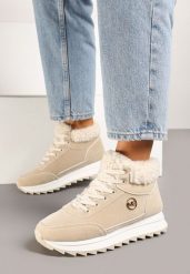 Beżowe Sneakersy z Imitacji Zamszu Mocno Ocieplane Futrem Metarilea. Brązowe obuwie sportowe damskie Born2be, na zimę, z dzianiny, bez zapięcia. Za 99.99 zł.