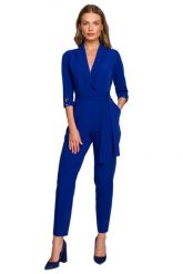 Elegancki Kombinezon z Wiązanym Paskiem- Chabrowy. Niebieskie kombinezony damskie MOE, l, bez wzorów, z elastanu, eleganckie, bez kołnierzyka, bez ramiączek. Za 357.04 zł.