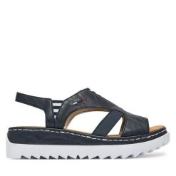 Sandały Rieker. Niebieskie sandały damskie Rieker, bez wzorów, bez obcasa, na koturnie, bez zapięcia. Za 319.99 zł.