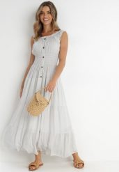 Biała Sukienka Abill. Białe sukienki damskie Born2be, bez wzorów, boho, bez ramiączek. Za 149.99 zł.