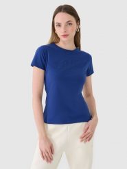 4F T-shirt slim z nadrukiem damski - granatowy XS. Niebieskie t-shirty damskie 4F, xs, bez wzorów, z bawełny, bez kołnierzyka. Za 49.99 zł.