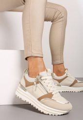 Beżowe Sneakersy na Grubej Podeszwie z Brokatowymi Wstawkami i Ozdobnym Suwakiem Mairanne. Brązowe obuwie sportowe damskie Born2be, bez zapięcia. Za 89.99 zł.