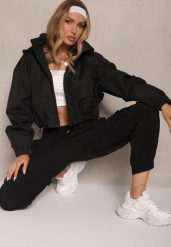 Czarna Kurtka Oversize w Sportowym Stylu z Kapturem i Ściągaczem w Pasie Volnea. Czarne kurtki damskie Renee, m, bez wzorów, z jeansu, z kapturem. Za 179.99 zł.