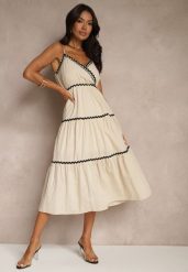 Beżowa Sukienka z Bawełny Ozdobiona Metaliczną Nicią Saraleza. Brązowe sukienki damskie Renee, z aplikacjami, z bawełny, eleganckie, bez ramiączek. W wyprzedaży za 111.99 zł.