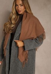Jasnobrązowy Bawełniano-Wiskozowy Szalik w Kształcie Trójkąta z Frędzlami Vetisara. Brązowe szaliki damskie Renee, bez wzorów, z bawełny. Za 39.99 zł.