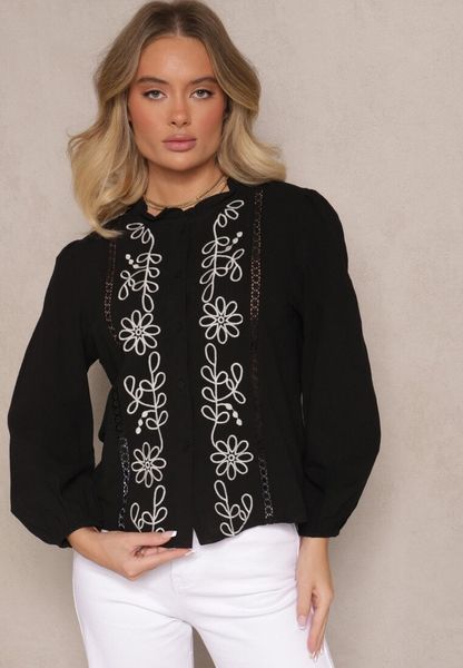 Czarna Koszula z Wiskozą Bawełną i Haftem Nalorielle. Czarne koszule damskie Renee, s, z aplikacjami, z bawełny, eleganckie, bez kołnierzyka, bez ramiączek. Za 49.99 zł.