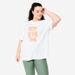 Koszulka damska Domyos Gym & Pilates oversize. Białe koszulki damskie DOMYOS, xl, bez wzorów, z bawełny, bez kołnierzyka, bez ramiączek. W wyprzedaży za 39.99 zł.