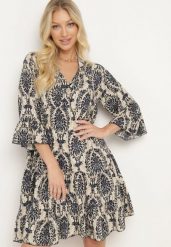 Granatowo-Beżowa Bawełniana Rozkloszowana Sukienka z Falbankami Miloa. Niebieskie sukienki damskie Born2be, bez wzorów, z bawełny, klasyczne, bez ramiączek. Za 69.99 zł.