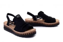 RIEKER V7972-00 black, sandały damskie. Czarne sandały damskie Rieker, bez wzorów, bez obcasa, na koturnie, bez zapięcia. Za 319.90 zł.