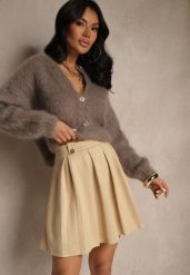 Beżowa Rozkloszowana Spódnica z Ekozamszu z Plisami w Stylu Preppy Sealia. Brązowe spódnice damskie Renee, do pracy, l, bez wzorów, biznesowe, mini. Za 89.99 zł.