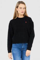 KENZO Czarny sweter damski z kwiatkiem. Czarne swetry klasyczne damskie Kenzo, s, bez kołnierzyka. W wyprzedaży za 879.99 zł.