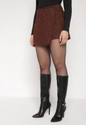 Brązowe Spódnico-Szorty z Wełną i Cekinami Fedara. Brązowe szorty damskie Born2be, bez wzorów, z wełny. Za 129.99 zł.