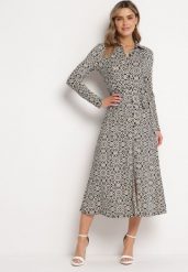 Biało-Czarna Taliowana Sukienka Maxi z Materiałowym Paskiem w Geometryczny Print Filint. Czarne sukienki damskie Born2be, bez wzorów, z materiału, bez ramiączek. W wyprzedaży za 169.99 zł.