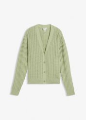 Sweter rozpinany w ażurowy wzór z dodatkiem lnu. Zielone kardigany damskie bonprix, w ażurowe wzory. Za 47.99 zł.