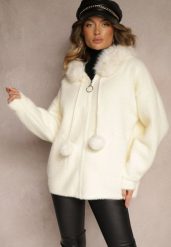 Jasnobeżowa Bluza z Wełną Wiskozą Kapturem Odpinanym Futerkiem i Pomponami Delailith. Brązowe bluzy damskie Renee, l, bez wzorów, z jeansu. Za 169.99 zł.