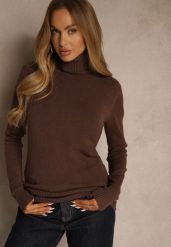 Brązowy Golf Sweter o Dopasowanym Kroju z Kaszmirem Zairith. Brązowe golfy damskie Renee, z aplikacjami, z jeansu, bez ramiączek. Za 89.99 zł.