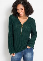 Sweter dzianinowy z zamkiem. Zielone swetry klasyczne damskie bonprix, z dzianiny, bez kołnierzyka. Za 124.99 zł.