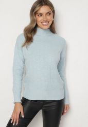 Jasnoniebieski Sweter Golf z Ozdobnym Tłoczeniem Zakończony Ściągaczem Melodiea. Niebieskie golfy damskie Born2be, bez wzorów, bez ramiączek. Za 89.99 zł.