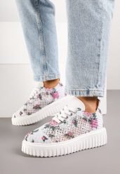Biało-Różowe Ażurowe Sneakersy Vices na Grubej Podeszwie z Tłoczeniem Luminise. Białe obuwie sportowe damskie Born2be, na lato, z materiału, bez zapięcia. Za 79.99 zł.