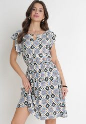 Niebiesko-Czarna Bawełniana Sukienka Mini z Gumką w Talii Caara. Niebieskie sukienki damskie Born2be, bez wzorów, z bawełny, bez ramiączek. Za 79.99 zł.