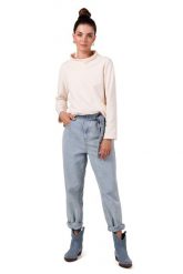 Prosta Bluza z Wysokim Kołnierzem - Waniliowa. Białe bluzy damskie MOE, l, bez wzorów, z bawełny, bez kaptura. Za 254.90 zł.