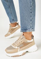 Ciemnobeżowe Sneakersy na Grubej Podeszwie z Ozdobną Perforacją Colia. Brązowe obuwie sportowe damskie Born2be, bez zapięcia. Za 59.99 zł.