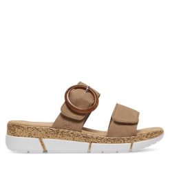 Klapki Rieker. Brązowe klapki damskie Rieker, bez wzorów, bez obcasa, bez zapięcia. Za 289.99 zł.