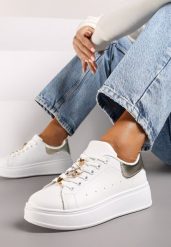 Biało-Złote Sneakersy na Grubej Podeszwie z Metalicznymi Aplikacjami Vlianora. Białe obuwie sportowe damskie Born2be, z materiału, bez zapięcia. Za 89.99 zł.