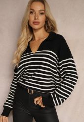 Czarny Sweter w Paski Ozdobiony Kołnierzykiem i Wycięciem Irinalies. Czarne swetry klasyczne damskie Renee, na zimę, bez kołnierzyka. Za 59.99 zł.