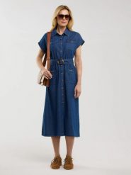 Sukienka damska midi jeansowa z paskiem granatowa Bailey 361. Niebieskie sukienki damskie Big Star, bez wzorów, z denimu, retro, bez ramiączek. Za 299.99 zł.