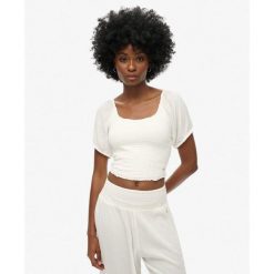 Bluzka t-shirt z marszczeniem dla kobiet Superdry. Białe bluzki damskie Superdry, bez wzorów, boho, bez kołnierzyka, bez ramiączek. Za 147.40 zł.