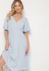 Jasnoniebieska Bawełniana Sukienka o Rozkloszowanym Fasonie Liranelle. Niebieskie sukienki damskie Born2be, bez wzorów, z bawełny, eleganckie, bez ramiączek. W wyprzedaży za 46.74 zł.